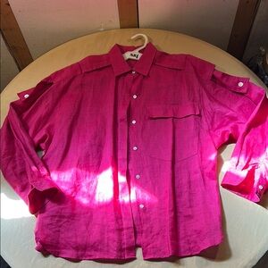 Vibrant Hot Pink 100% Linen Button-Up Safari Shirt and Matching Trousers M